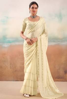 Cream solid poly chiffon ethnic saree 1