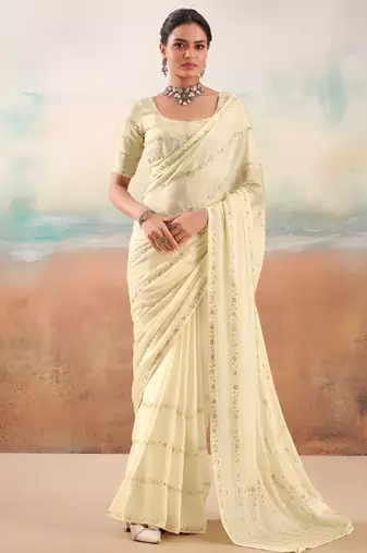 Cream solid poly chiffon ethnic saree