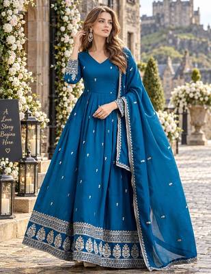 Teal art silk readymade anarkali suit with embroidery work 1