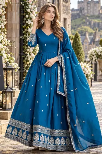 Teal art silk readymade anarkali suit with embroidery work