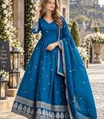 Teal art silk readymade anarkali suit with embroidery work