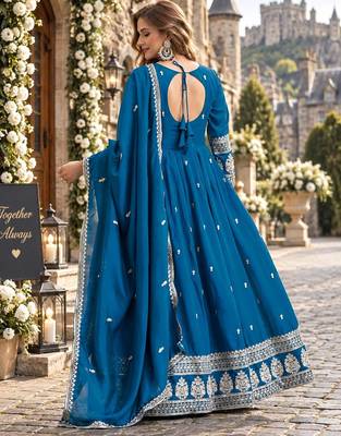Teal art silk readymade anarkali suit with embroidery work 2
