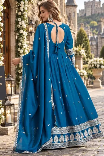 Teal art silk readymade anarkali suit with embroidery work