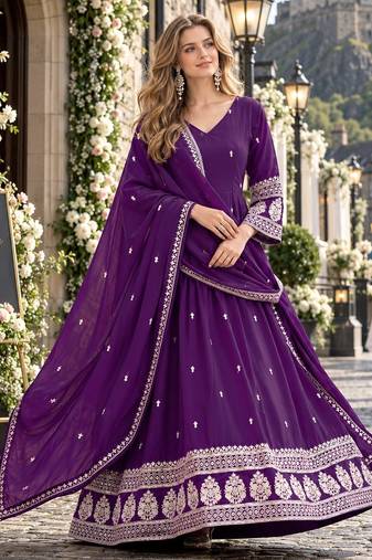 Violet art silk readymade anarkali suit with embroidery work