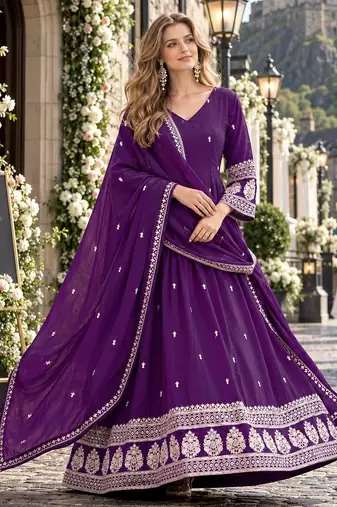 Violet art silk readymade anarkali suit with embroidery work