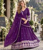 Violet art silk readymade anarkali suit with embroidery work