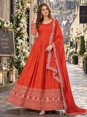 Orange art silk readymade anarkali suit with embroidery work 1