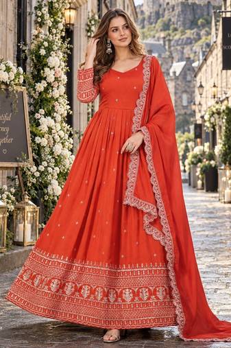 Orange art silk readymade anarkali suit with embroidery work