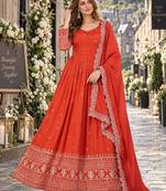 Orange art silk readymade anarkali suit with embroidery work