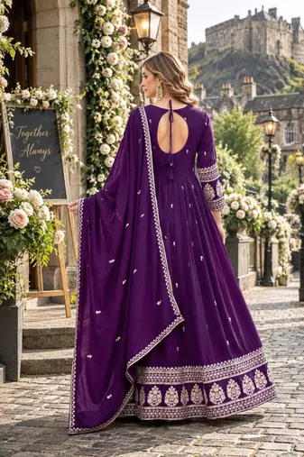 Violet art silk readymade anarkali suit with embroidery work
