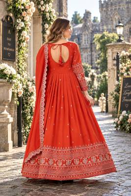 Orange art silk readymade anarkali suit with embroidery work 2