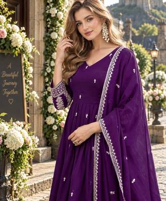 Violet art silk readymade anarkali suit with embroidery work 3