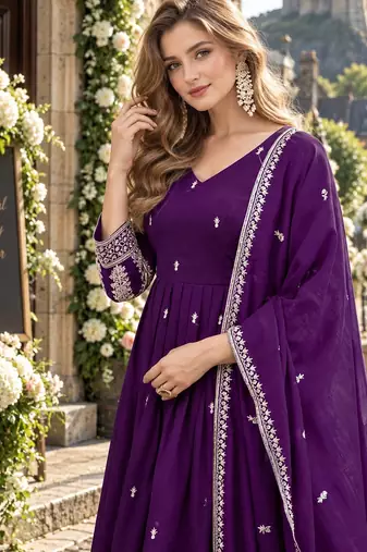 Violet art silk readymade anarkali suit with embroidery work
