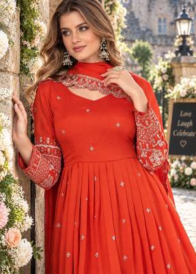 Orange art silk readymade anarkali suit with embroidery work 3