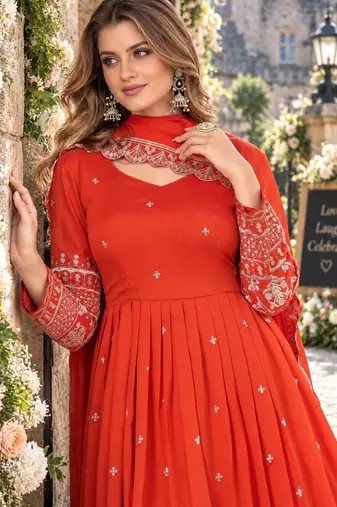 Orange art silk readymade anarkali suit with embroidery work