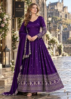 Violet art silk readymade anarkali suit with embroidery work 1
