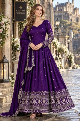 Violet art silk readymade anarkali suit with embroidery work