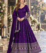 Violet art silk readymade anarkali suit with embroidery work