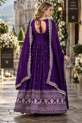 Violet art silk readymade anarkali suit with embroidery work