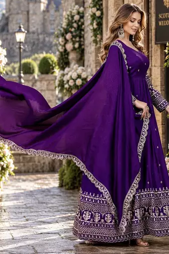 Violet art silk readymade anarkali suit with embroidery work