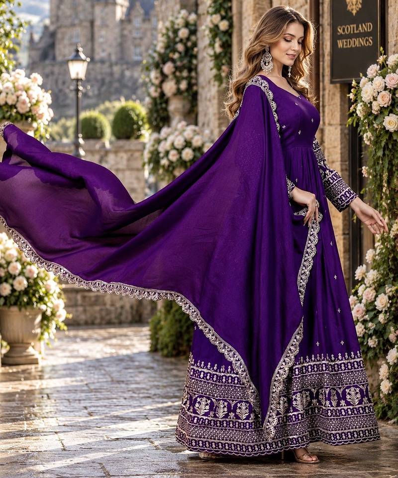 Violet art silk readymade anarkali suit with embroidery work