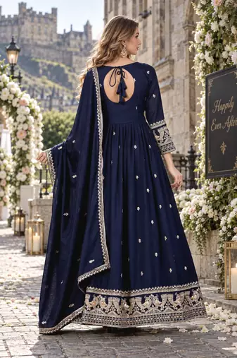 Black silk blend readymade anarkali suit with embroidery work