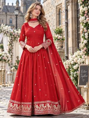 Red silk blend readymade anarkali suit with embroidery work 1