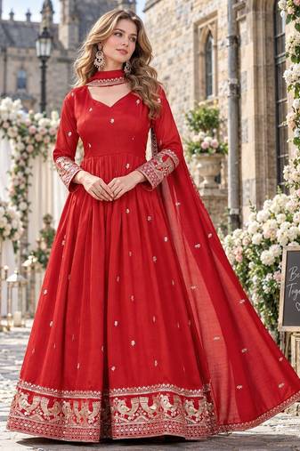Red silk blend readymade anarkali suit with embroidery work