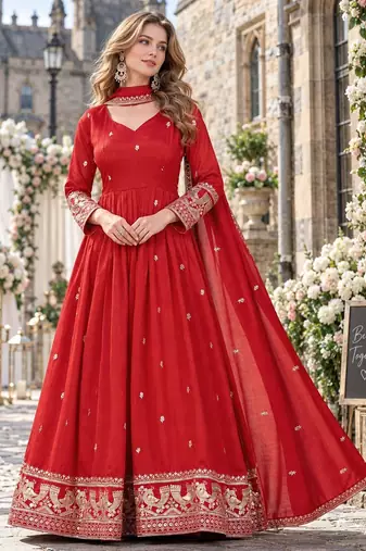 Red silk blend readymade anarkali suit with embroidery work