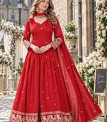 Red silk blend readymade anarkali suit with embroidery work