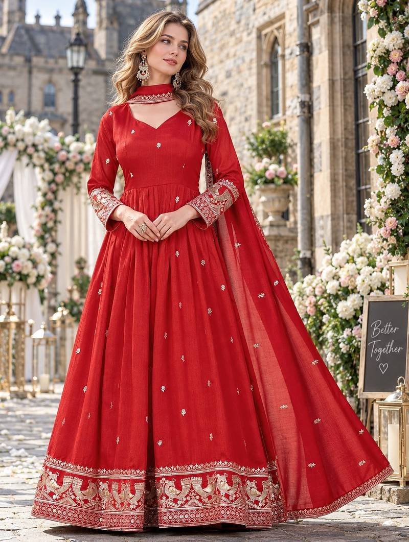 Red silk blend readymade anarkali suit with embroidery work