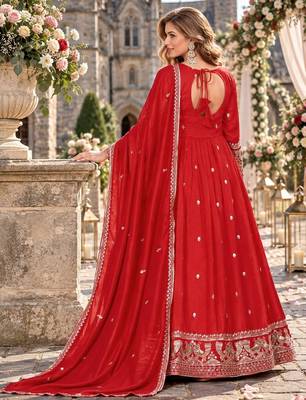 Red silk blend readymade anarkali suit with embroidery work 2