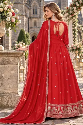 Red silk blend readymade anarkali suit with embroidery work