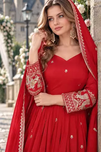Red silk blend readymade anarkali suit with embroidery work