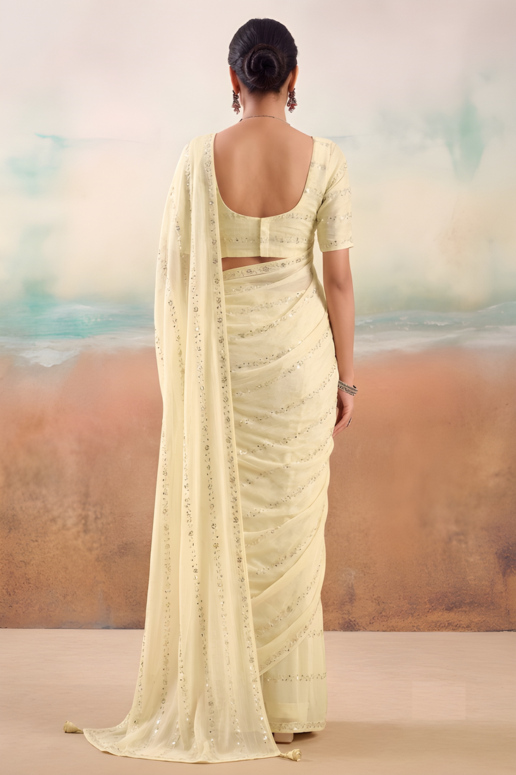 Cream solid poly chiffon ethnic saree