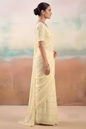 Cream solid poly chiffon ethnic saree