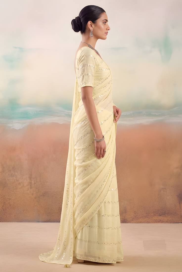 Cream solid poly chiffon ethnic saree