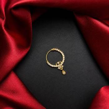 gold tone cz nath nose pin  indian bridal hoop ring with teardrop charm 1