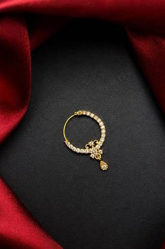 gold tone cz nath nose pin  indian bridal hoop ring with teardrop charm