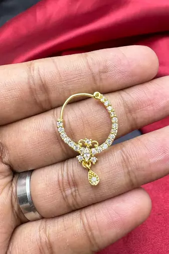 gold tone cz nath nose pin  indian bridal hoop ring with teardrop charm