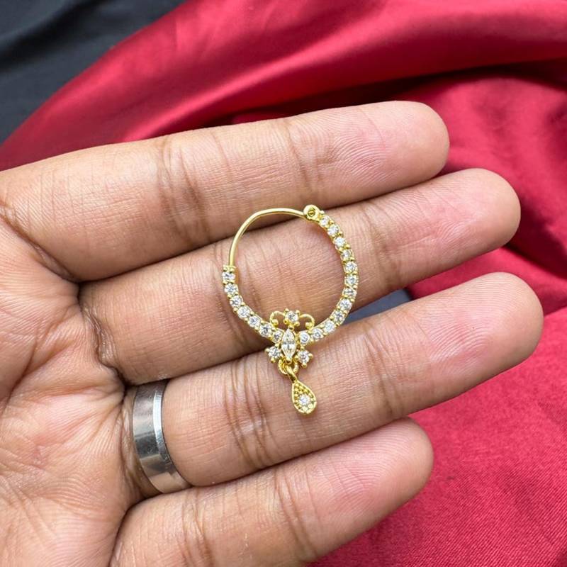 gold tone cz nath nose pin  indian bridal hoop ring with teardrop charm