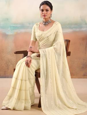 Cream solid poly chiffon ethnic saree 4