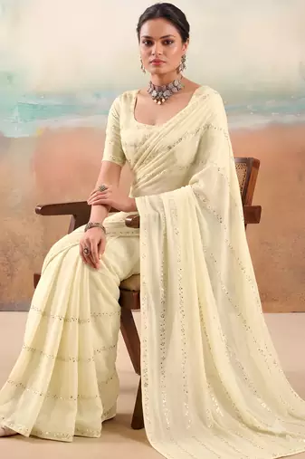 Cream solid poly chiffon ethnic saree