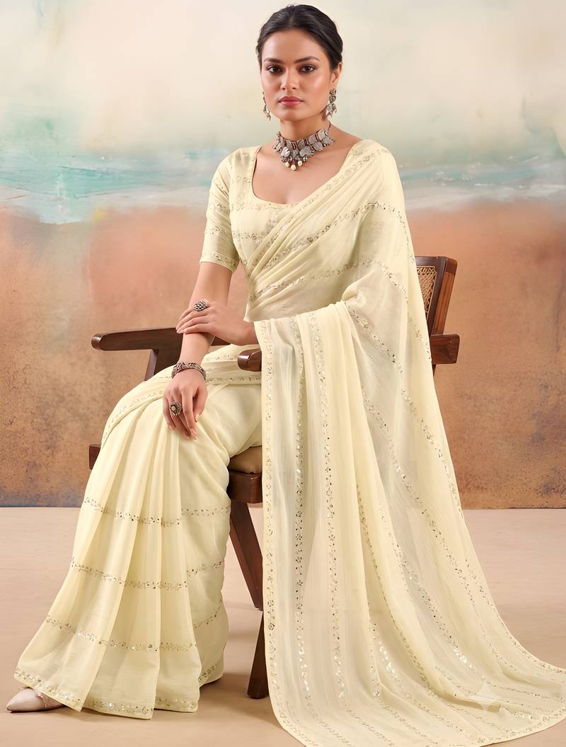 Cream solid poly chiffon ethnic saree