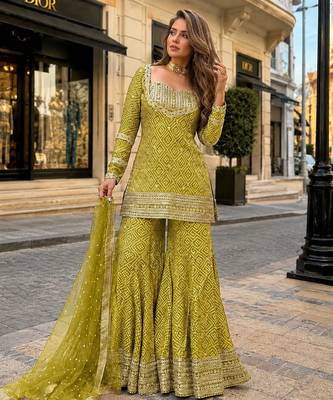 Mustard chinon readymade suit with embroidery & sequence work 1