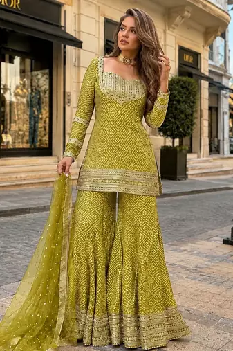 Mustard chinon readymade suit with embroidery & sequence work