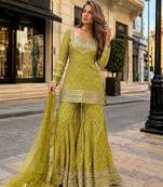 Mustard chinon readymade suit with embroidery & sequence work