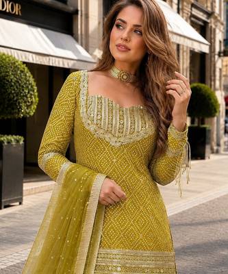 Mustard chinon readymade suit with embroidery & sequence work 2