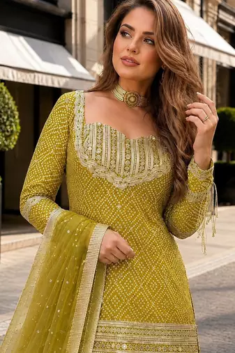 Mustard chinon readymade suit with embroidery & sequence work