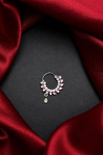 silver cz bridal nath nose ring  indian nose pin with dangle charm